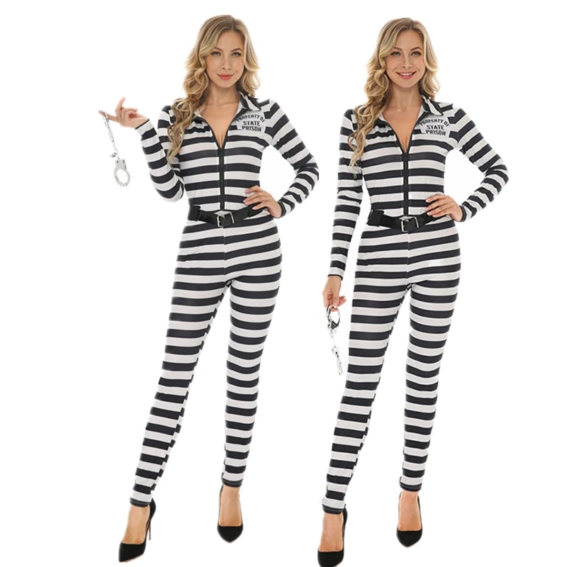 

Halloween Cosplay Costume Demon Clothing Adult Women's Black and White Stripe Sexy One Piece Prisoner Clothing Dress Up