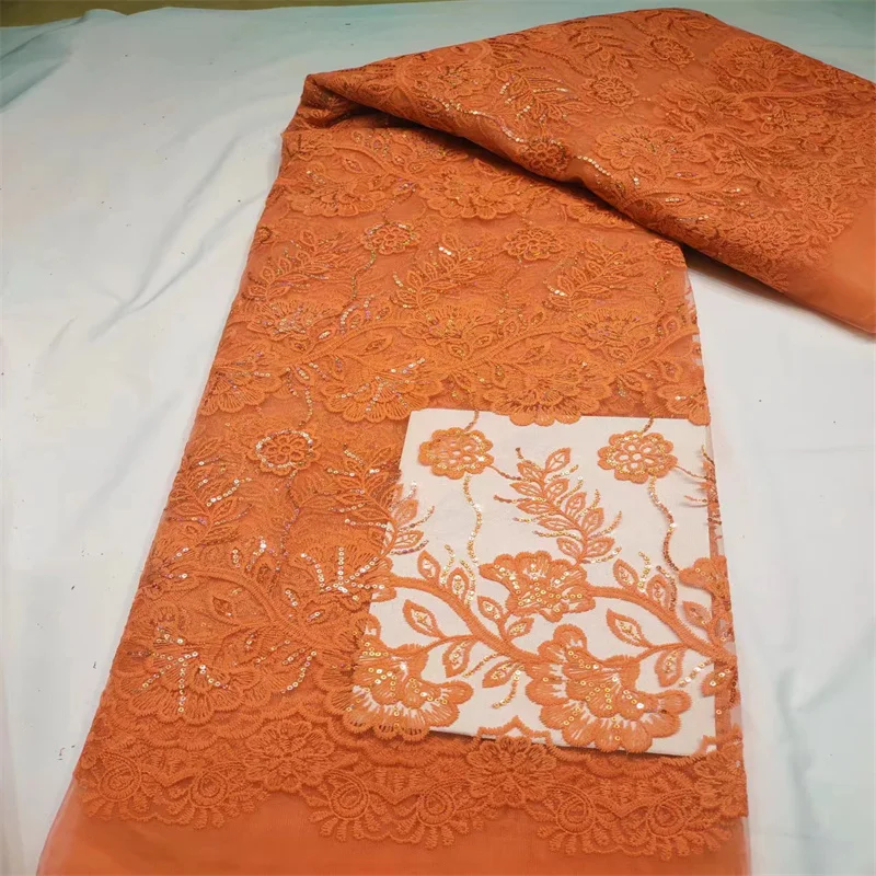 

French Mesh Lace Fabric 2024 orange High Quality African Tulle Sequins Guipure Cord Lace Fabric For Women Wedding Party Dress
