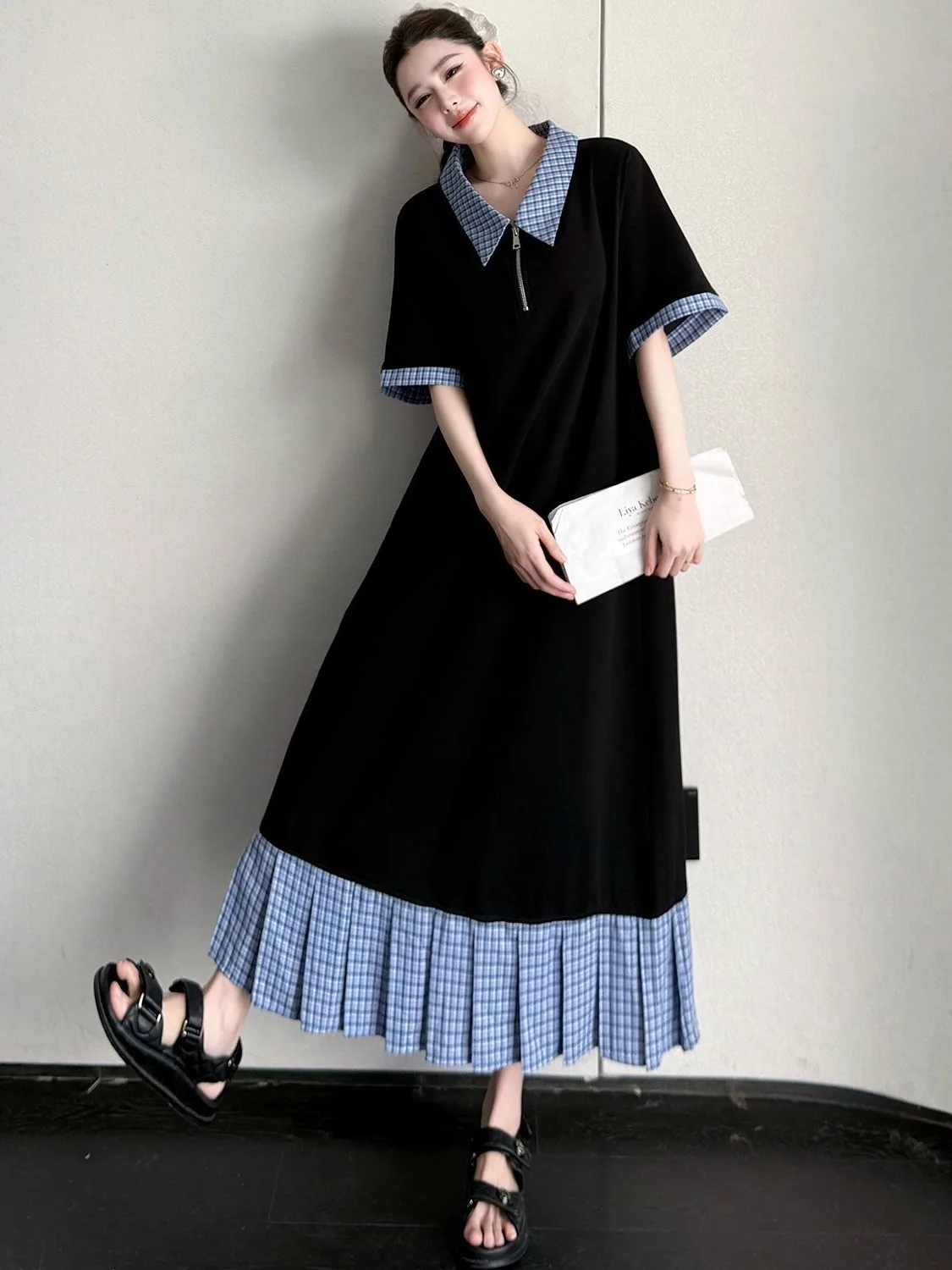 plus Size Casual  Collar Patchwork Shirt Dress Asymmetrical Conceal Meat Leisure Dress Korean Style High Waist Polyester ...