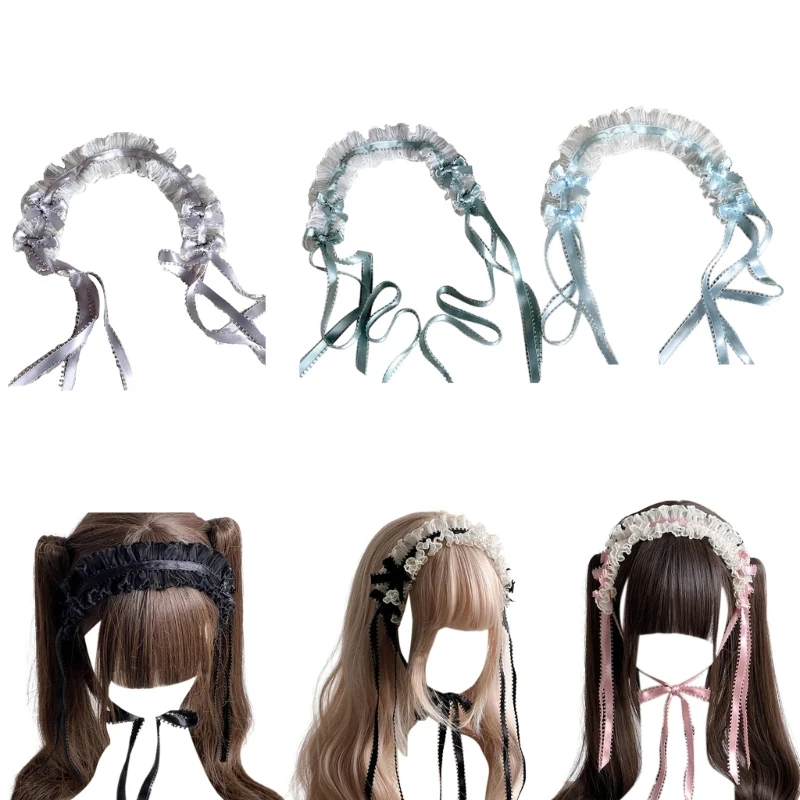 

Women Gothic Bow Lace Headdress with Lovely Lace Ribbon Headband Subculture Cosplay Flouncing Headwear Photo Props