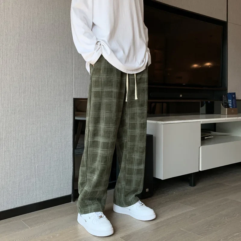 Men Checkered Casual Pants Loose Straight Corduroy Pants Sweatpants Man Fashion Streetwear 2024 Spring New Hip Hop Trousers