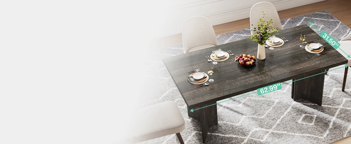 This table for dining room has a 63" W tabletop, which large enough for 4 to 6 people