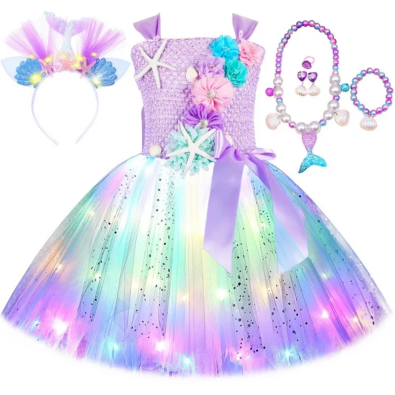 thumbnail image 1 of Vestido de princesa sirena para niñas, vestido de tutú con luz LED y temática del océano para fiesta de cumpleaños, disfraz de Halloween para niños, 1 of 5