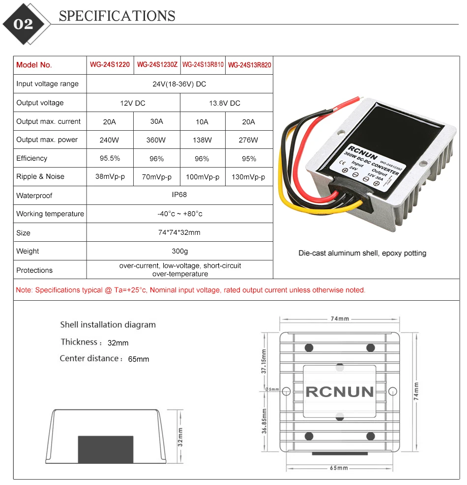 Description Picture 6 of itemRCNUN 24V to 13.8V 5A 10A 20A 30A 40A 50A 60A DC DC Converter Step Down 24 Volt to 12 Volt Buck Regulator Voltage Transformer
