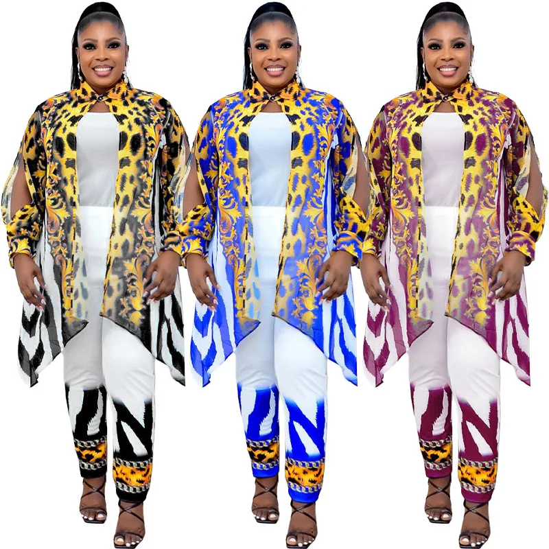 African Plus Size Women Two-piece Set Elegant Fashion Lady Outfits Printed Long Tops And Pants Casual Work Suit Africa Clothes