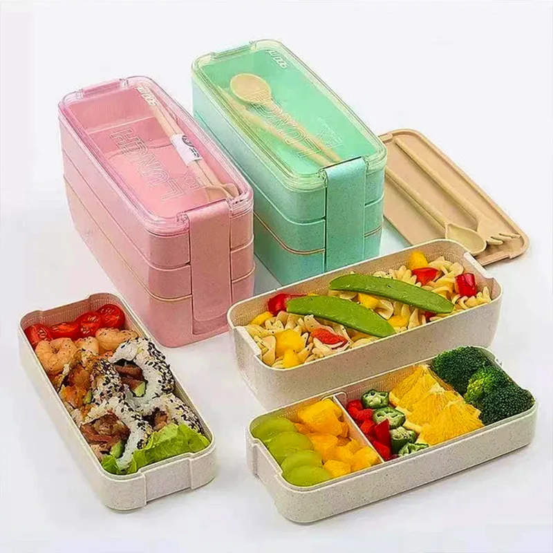 

900ml Healthy Material Lunch Box 3 Layer Wheat Straw Bento Boxes Microwave Dinnerware Food Storage Container Lunchbox Kichen