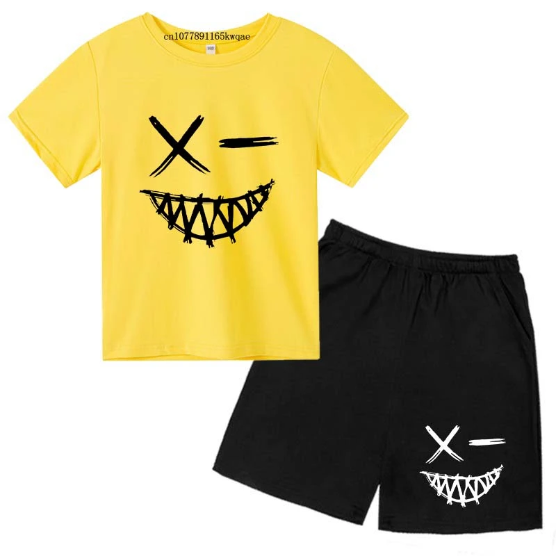 Kids Summer New Smiling Face Print 2pcs Breathable Tees + Shorts Sportsuits 2-13 Years Boys Girls Streetwear Outfits Children Sets