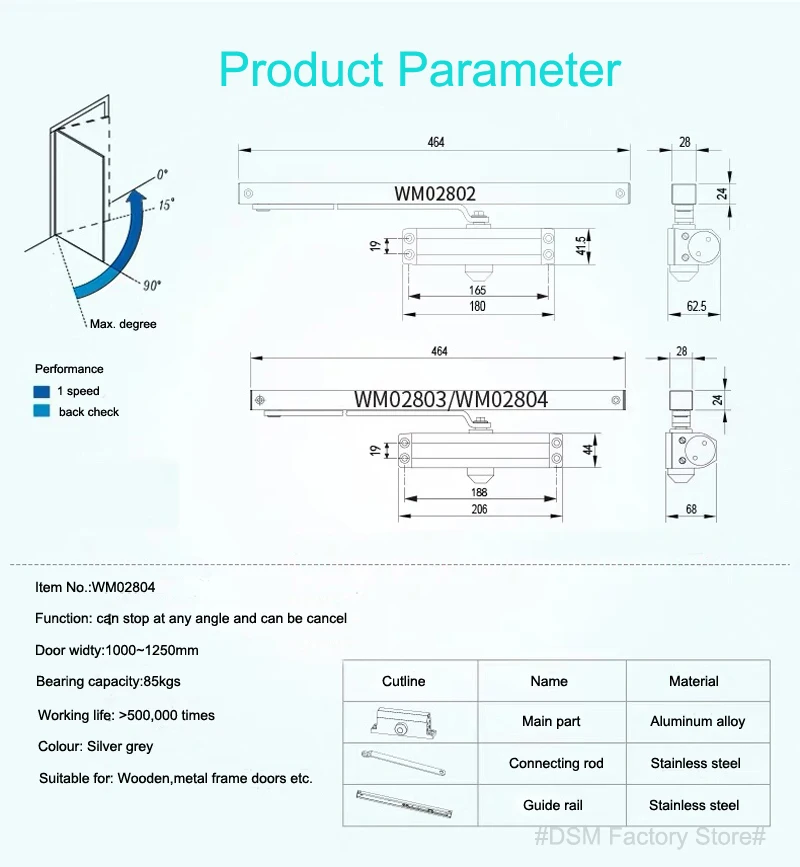 Buffered Door Closer Household Hydraulic Automatic 90 Degree Positioning Door Closer 85KG Load Bearing WM02804