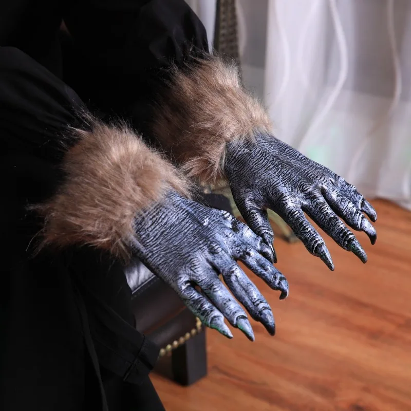 Halloween Werewolf Gloves Ghost Festival Horror Wolf Claw Set Long Hair Beast Gloves Simulated Black Wolf Gloves