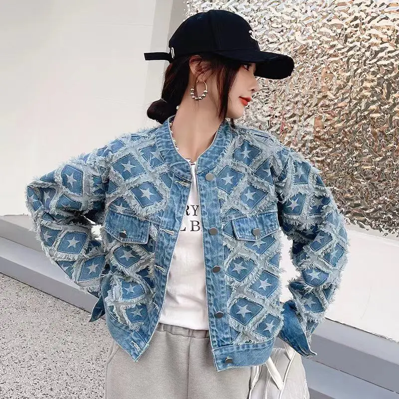 Fashion New Casual Temperament Denim Jacket Geometric Pattern Women's Clothing