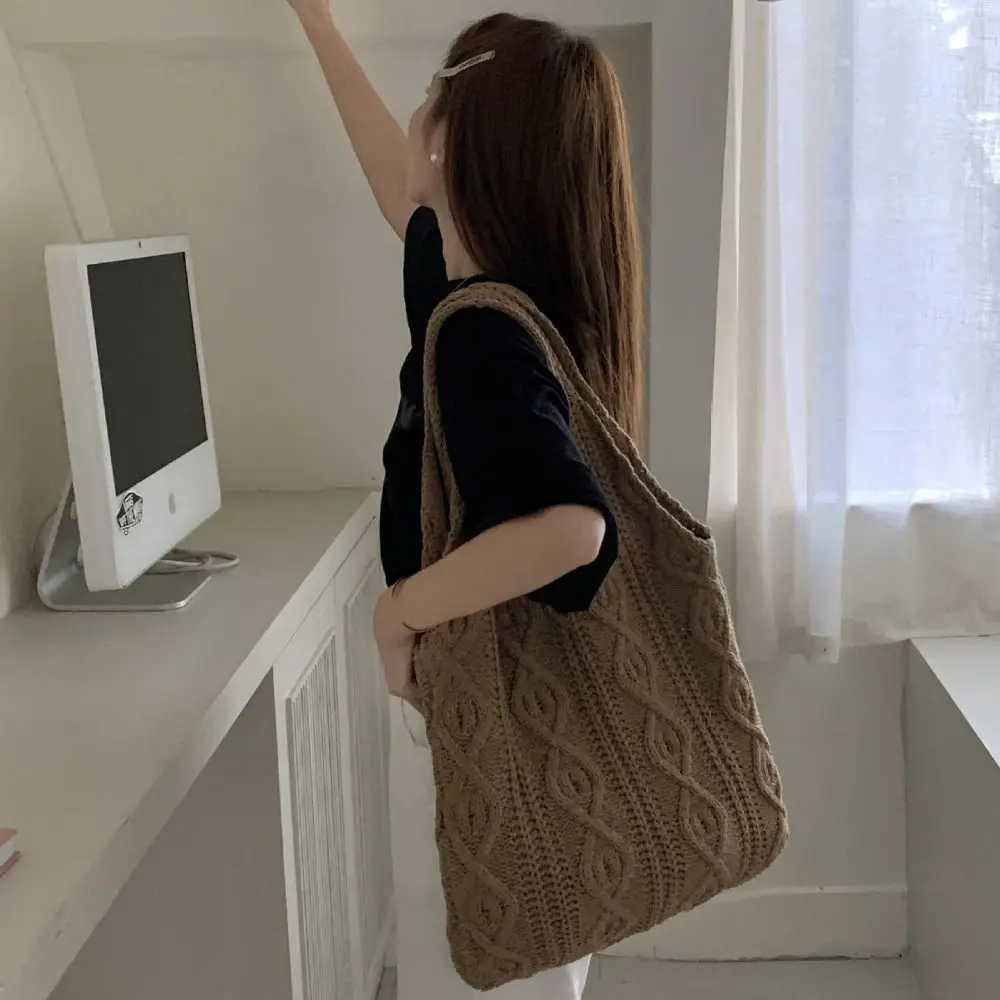 Hollow Women Shoulder Bags Retro Woven Solid Color Crochet Bag Large Capacity Shopping Tote