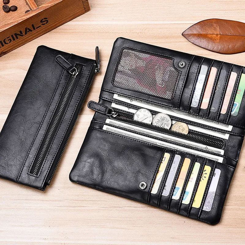 

2023 Vintage Large Capacity Men PU Leather Long Wallet Male Money Credit ID Card Holder Purse Solid Business Zipper Coin Wallets