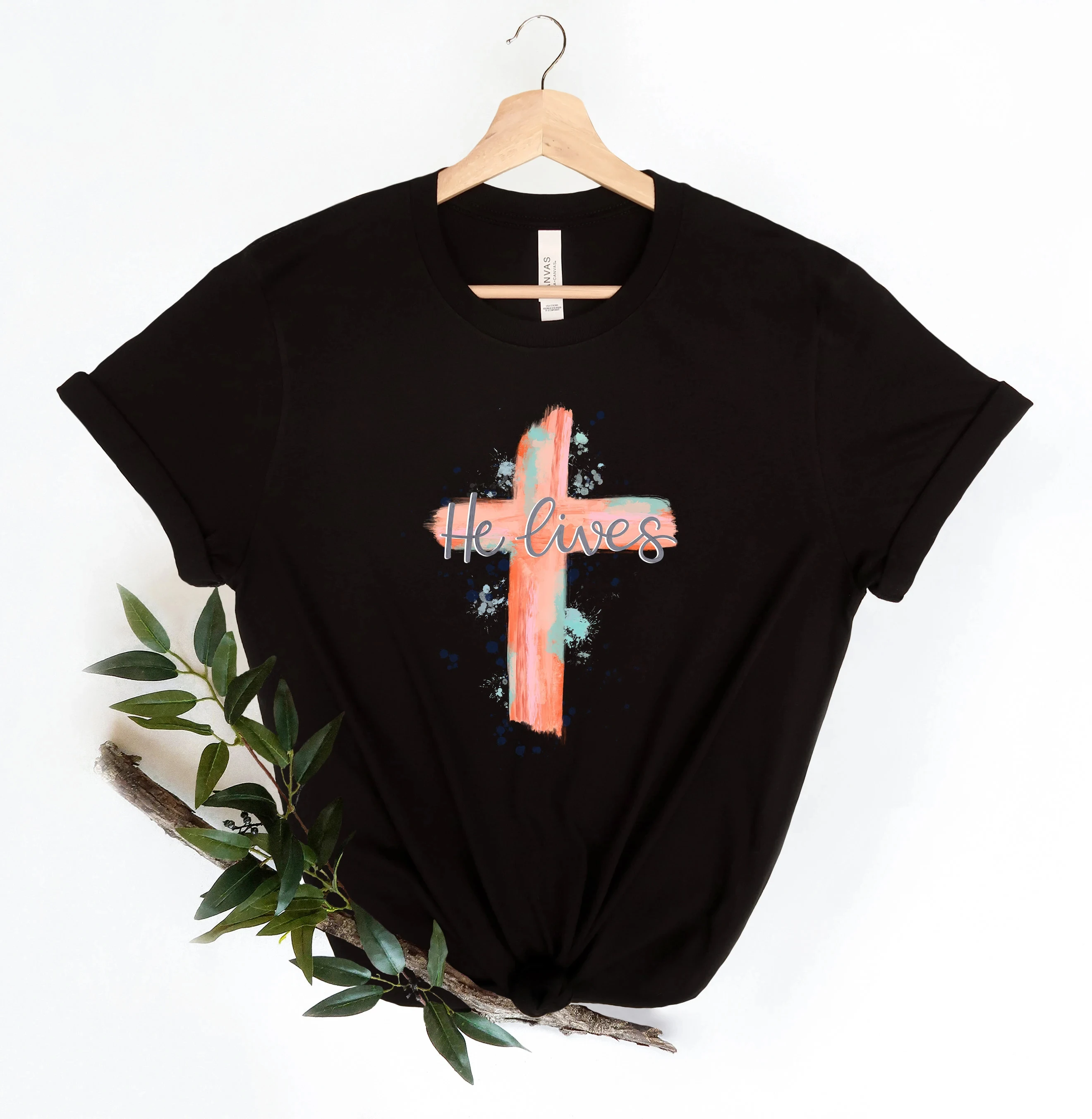 

New Stylish Easter Female T-shirt Fashion Doodle Cross Print Women Shirt He Lives Slogan Outdoor All Match Summer Festive Tee