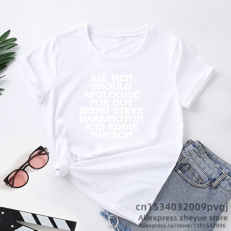 thumbnail image 1 of Camiseta de Eddie Munson Stranger Things con estampado de letras vintage Todos los hombres deberían disculparse Camiseta de cuello redondo Camisetas de verano para mujer, 1 of 5