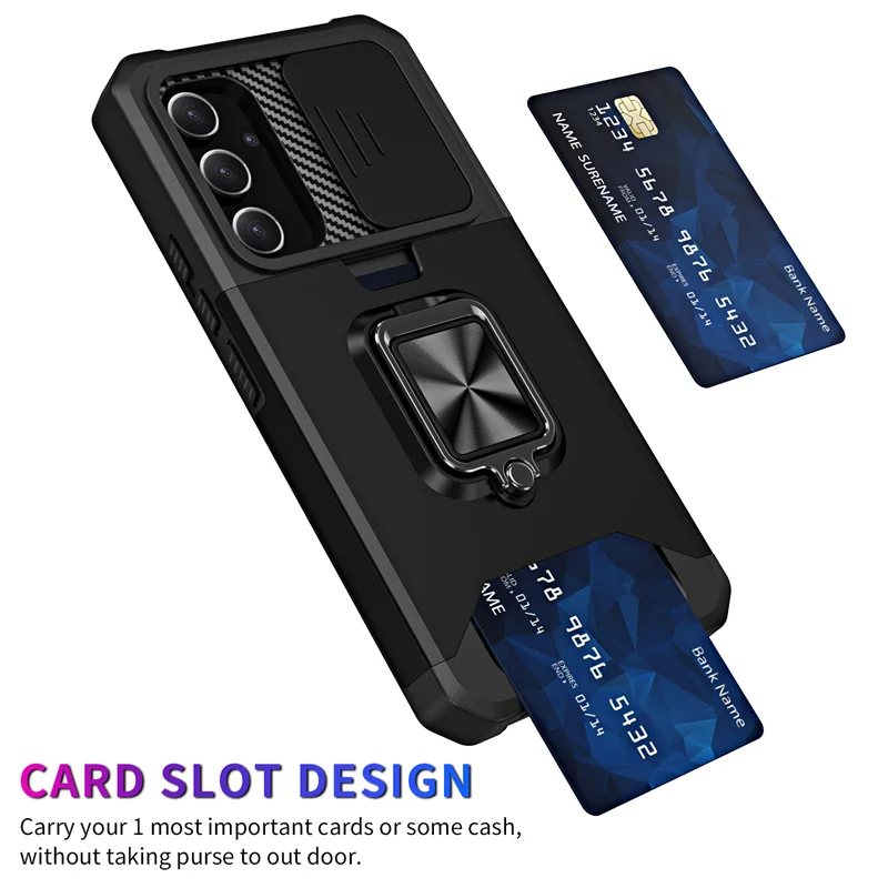 Sleek Armor Case with Slide Lens Protector and Card Holder Slot