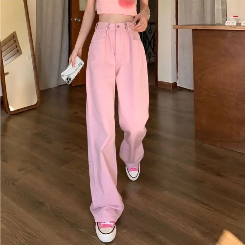 

Джинсы OCQBI женские с завышенной талией, розовые джинсы с регулируемой талией, уличная одежда, брюки с широкими штанинами, повседневные джинсы для мам, лето 2023