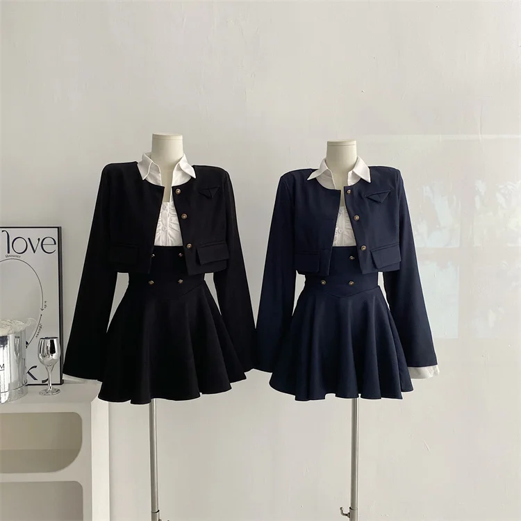 Y2K 3 Piece Set Women Cropped Coat + Long Sleeve Shirt + High Waist Halter Ruffles Mini Dress Korean Chic Fashion Sexy Outfits