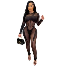 

Sexy See Through Mesh Patchwork Jumpsuits Women Rompers Bodysuits Bodycon Long Sleeve Trousers Overalls Party Club Playsuits