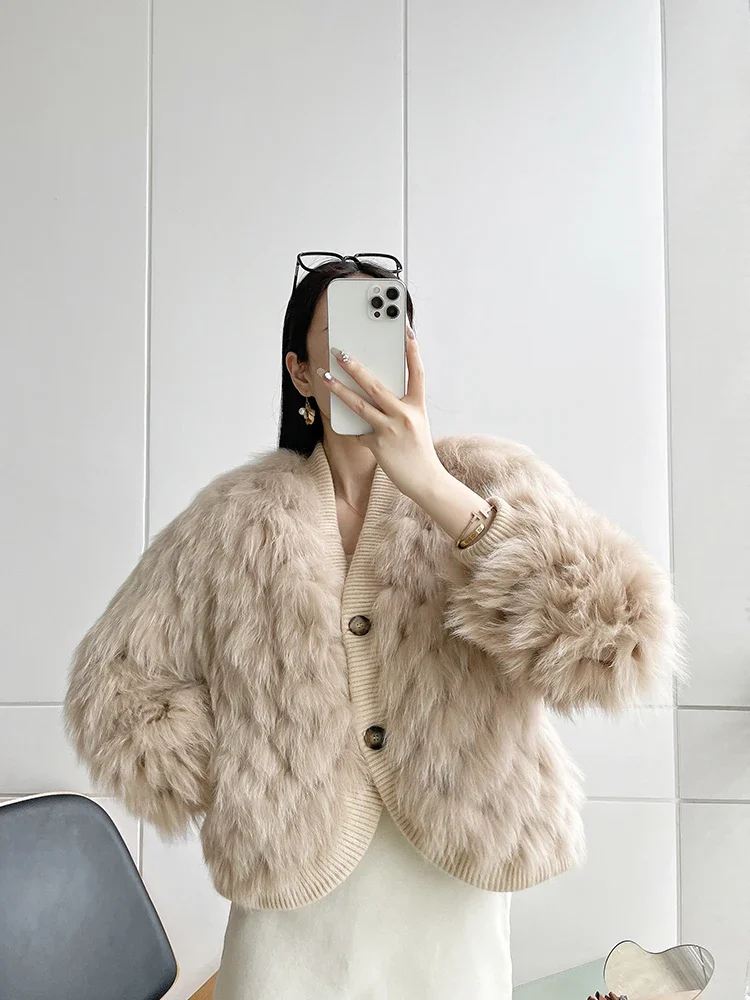 Real Fox Fur Coat Short Latticed Solid Full Sleeve Jackets 2023 Winter Knitted Fluffy Thick Warm Fur Office Lady Women's Clothes