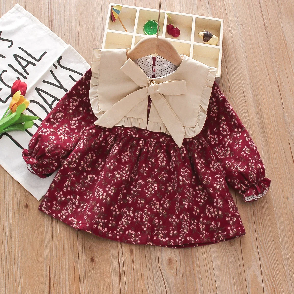 Fall Winter New Girls' Dress Floral Full Camp Bow - Uniqwear