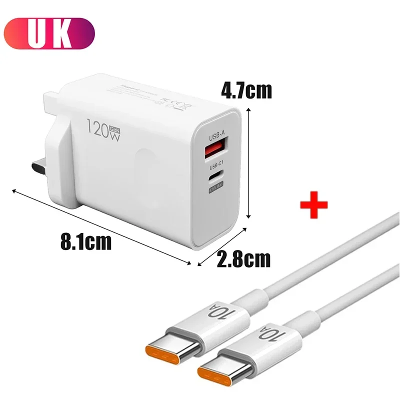 ตัวเลือกสินค้า อะแดปเตอร์ชาร์จเร็ว 120W พร้อมสาย USB Type C PD รองรับการชาร์จเร็ว สำหรับ iPhone 17 16 15 Pro Xiaomi Samsung Oneplus Huawei