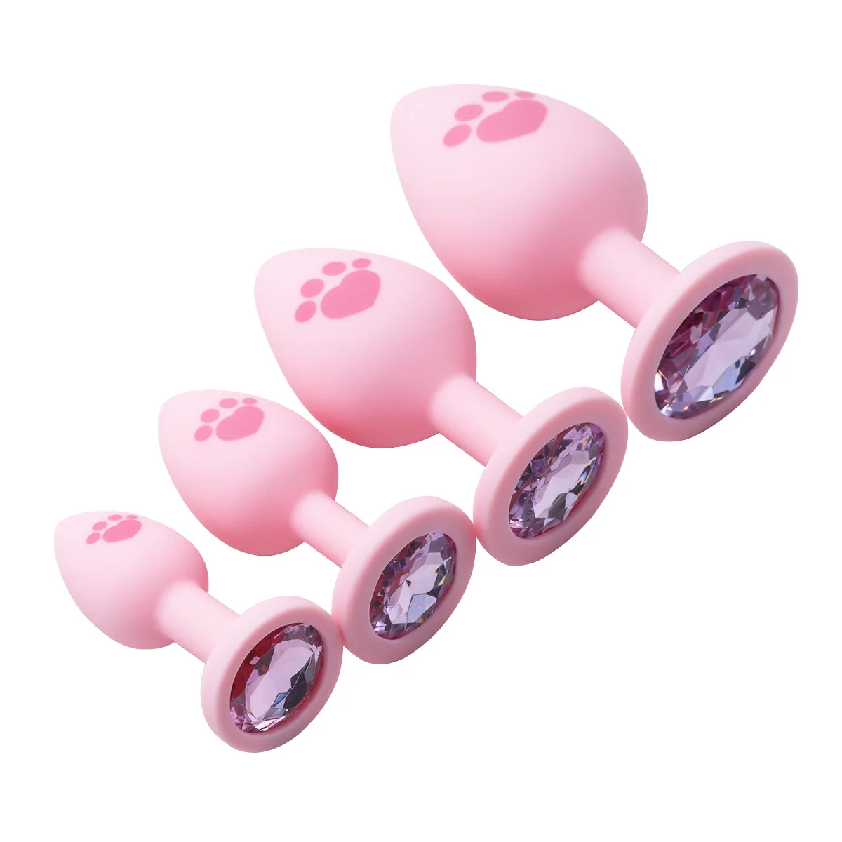 HeartCaptor Silicone Anal Plug Set 4 Sizes Cat Paw Crystal Base Pink - Details 2