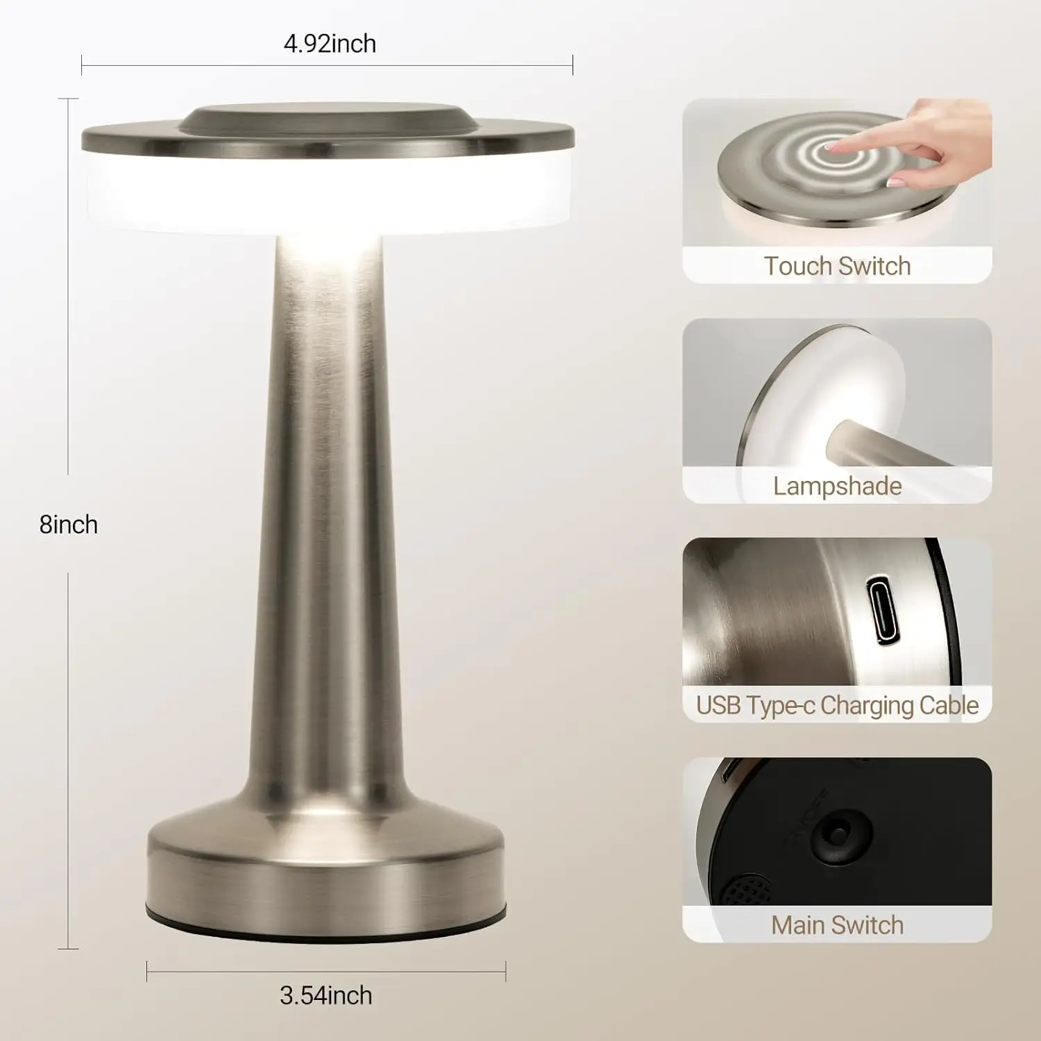 LED Table Lamp Touch Sensor Rechargeable Desktop Night Light Wireless Reading Lamp for Restaurant Hotel Bar Bedroom Decor Light 5