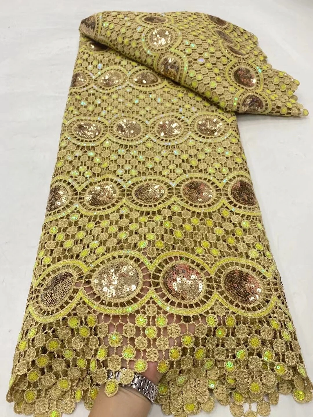 

2024 African Lace Sequin Fabric For Women,Embroidery,Water Soluble,Evening Dresses,Gold,Tulle,Cotton Fabric Per Meter,5 Yards