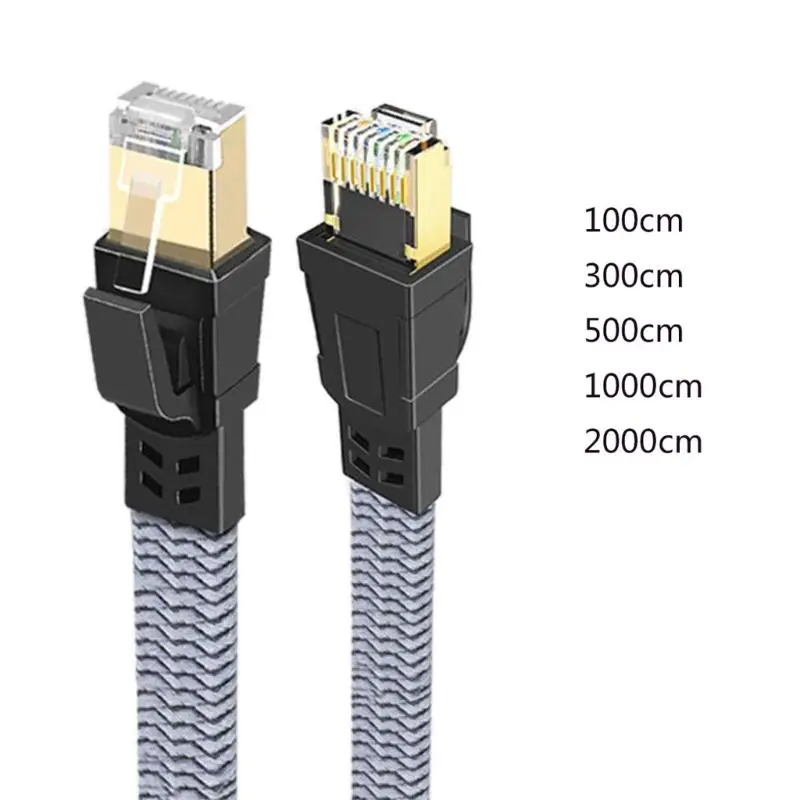 RJ45-Schnellgeschwindigkeits-CAT8-Ethernet-Kabel, 40 Gbit/s, 2000 MHz, flaches Design mit silberner geflochtener Abschirmung für stabiles Gaming und Streaming – Detail 1