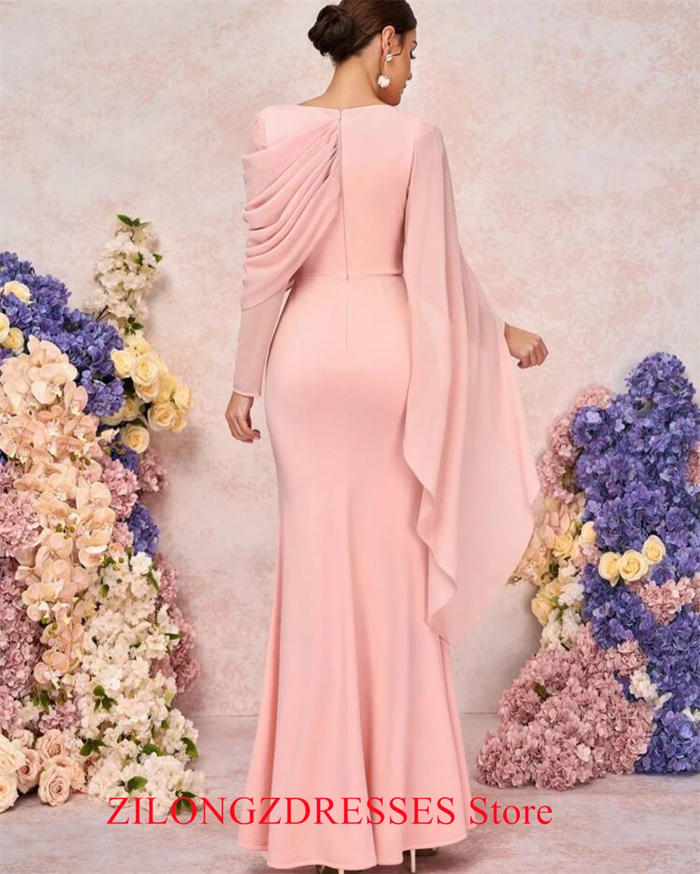 Customized Mermaid Simple Pink Jersey Evening Dress Elegant Long Sleeves Homecoming Dresses Modern Special Occasion Go