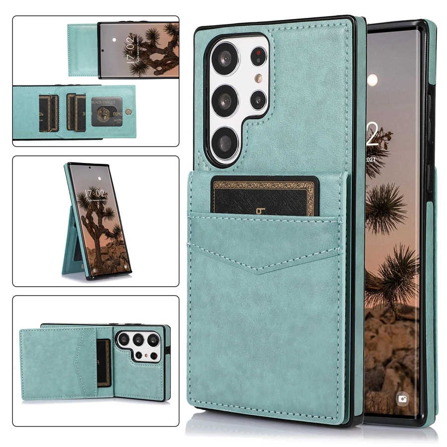 Elegant Solid Color Leather Wallet Case with Card Flip and Bracket