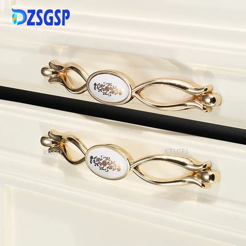 

DZSGSP GoldFlower Ceramic Cabinet Handles Fashion EuropeanFurniture Handle HardwareZinc Alloy Drawer Knobs Wardrobe Door Handles