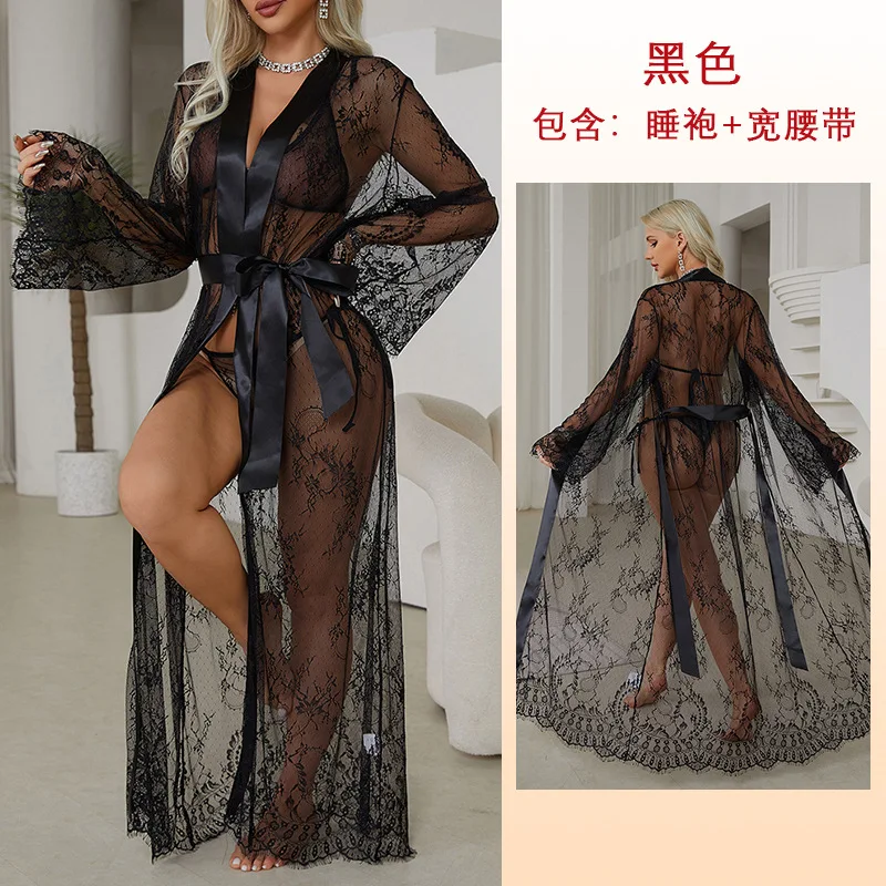 Women's Sheer Lace Robe Sexy See Through Nightgown with Jacquard Lace Floral Trim Satin Lounge Dress for Kimono Robe Home Wear