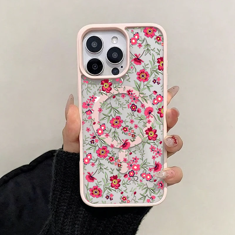 Magnetic Clear Phone Case with Green Leaf & Pink Floral Design
