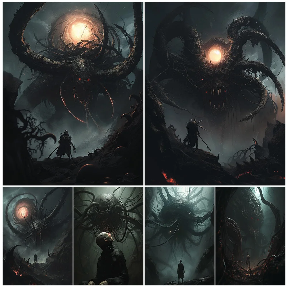 

The Great Old Ones And The Weak Warriors,Abstract Wall Art,Canvas Painting,Mysterious Demon,Fantasy Art,Poster Print Decoration