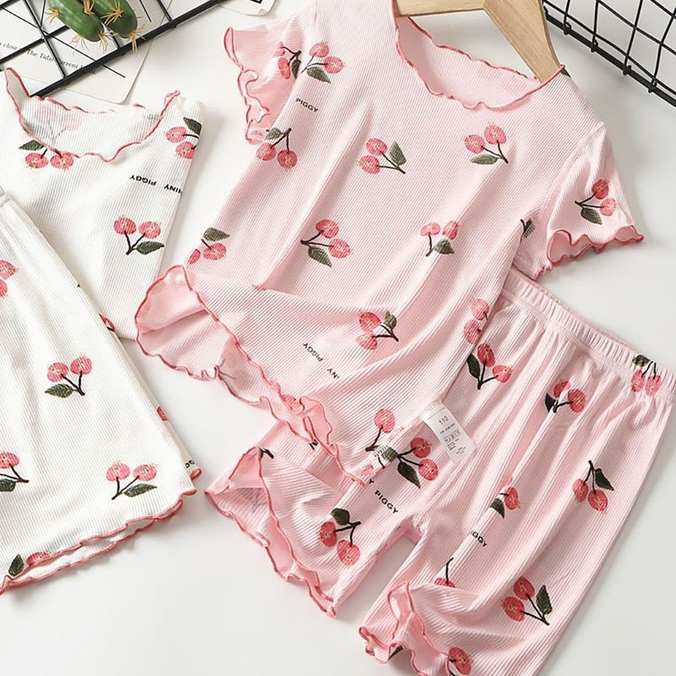 Girls Summer Sleeping Clothing Set Kids Adorable Comfortable Cherry Short Sleeves Tshirt and Shorts Children Sleepwear Pajamas