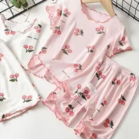Girls Summer Pajama Set Cherry Blossom Print 4-Way Stretch Shorts & Tee Breathable Modal Blend for Bedtime and Playtime for 1-8Y 1