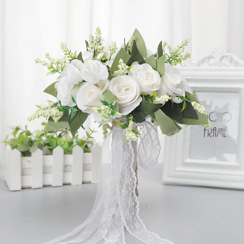 

Romantic Bride Hand Holding Flowers Bouquet Wedding Decoration Accessories Flores Artificiales Mariage Supplies Fake Plants