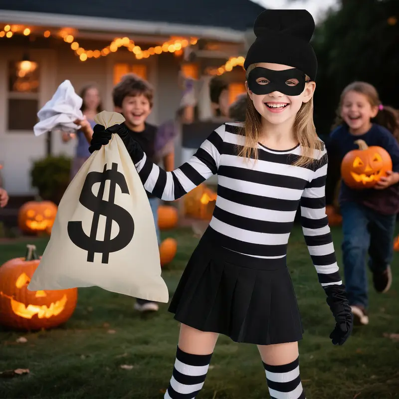 Boys Girls Robber Costume Girls Thief Accessories Jail Prisoner Costume Striped Top Sock Halloween Outfit Cosplay Props - Image 2