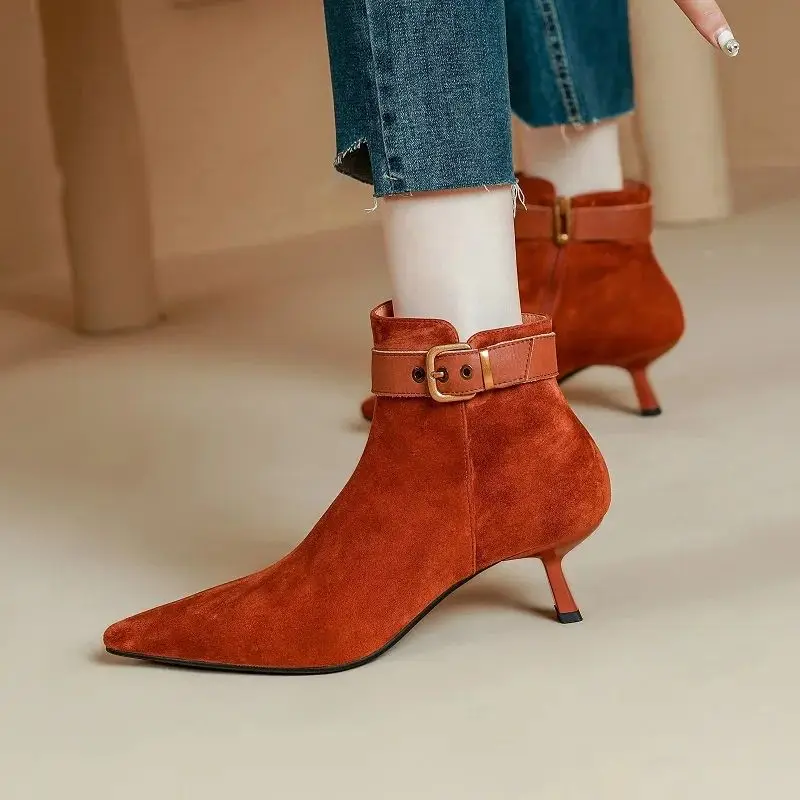 

Женские ботильоны, базовая Классическая обувь на тонком каблуке, с острым носком, элегантные женские ботинки, привлекательные замшевые ботинки из овечьей шерсти на каблуке с боковой молнией