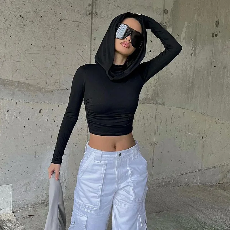 New Spring and Autumn 2025 Fashion Women's Hooded Long Sleeve T-Shirt Elegant Slim Short Casual Solid Color Top