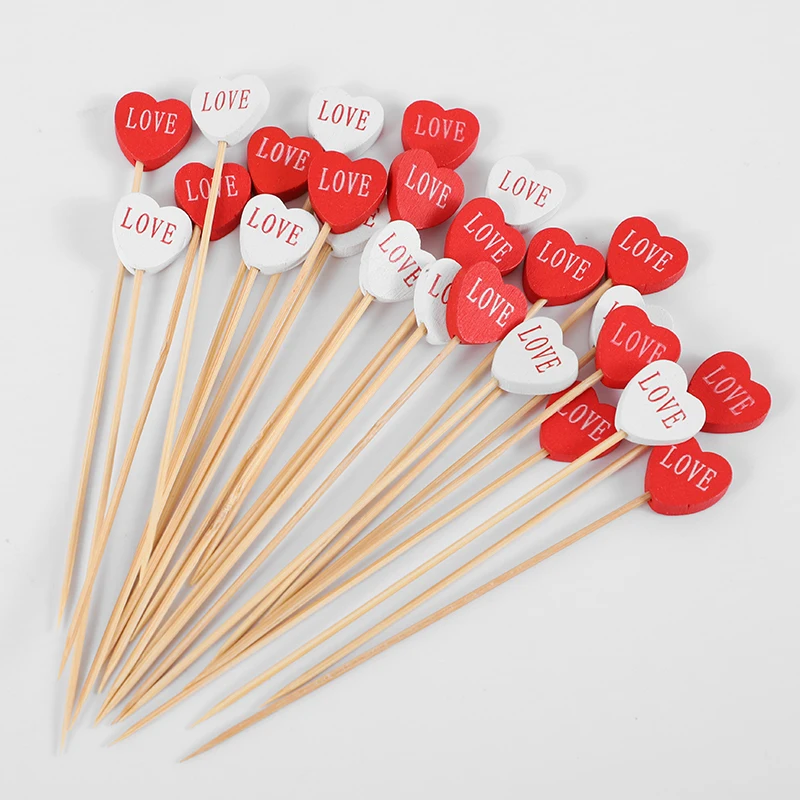 100pcs Love Heart Bamboo Food Picks Cupcake Topper Dessert Buffet Fruit Picks Wedding Birthday Supplies Valentines Day Decor
