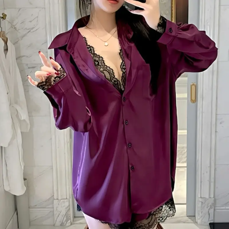 Sexy Lingerie Woman Boyfriend-style Shirt Sexy Plus-size Pajama  with Thin Fabric  Lace Nightgown for Ladies Sexy Nightgowns - Image 7