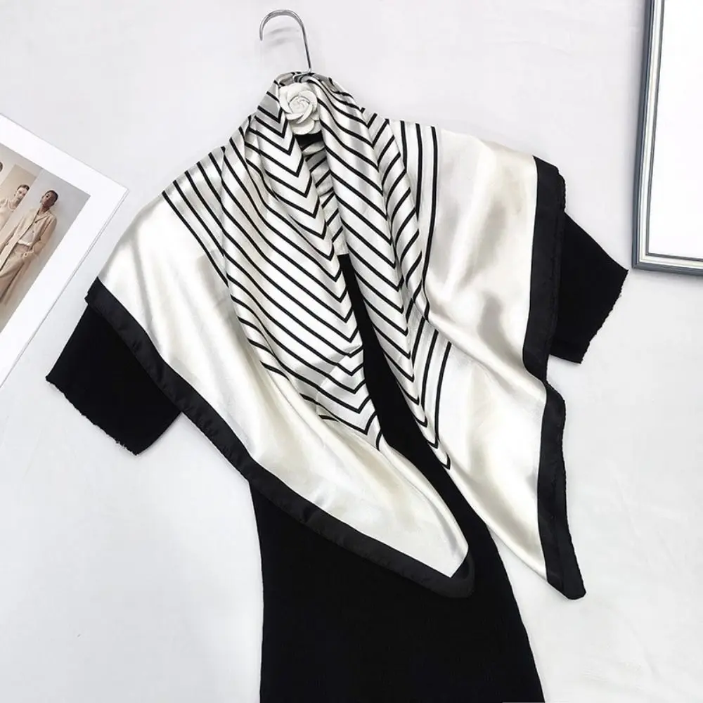 Fashion Square Silk Scarf 70*70cm Black White Hair Scarf Stripes Dots Flower Handbag Wraps Bandana Spring Summer Fall