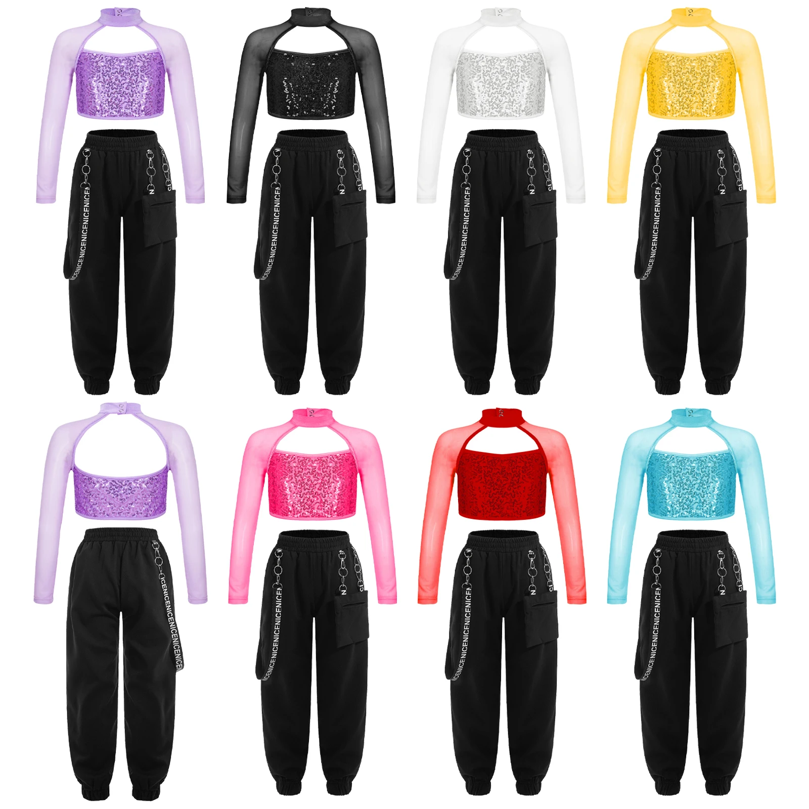 Girls Hip Hop Clothes 2 Piece Outfits Sequin Cutout Crop Tops Cargo Pants Set Jazz Street Dancewear Performance Costume for Kids