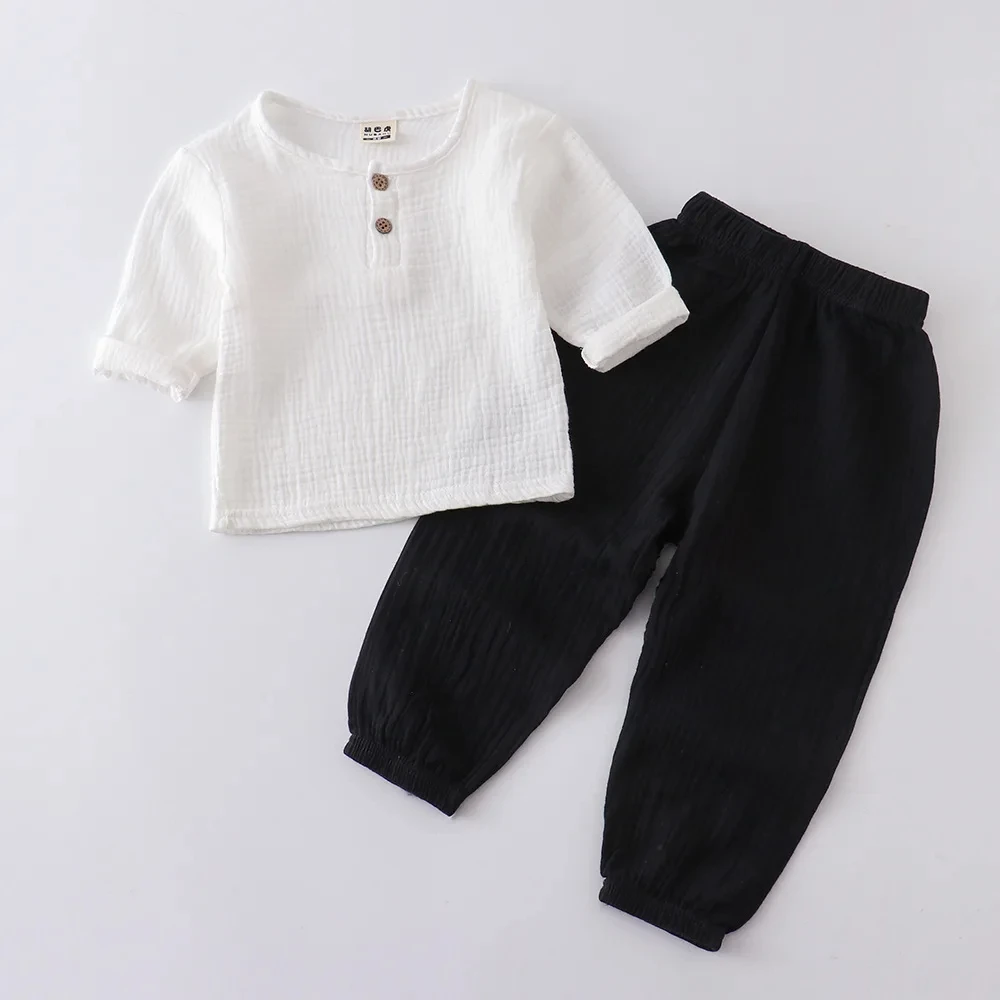 Bambini ragazzo ragazza vestiti Set per la festa manica lunga neonato camicie pantaloni larghi bambino bambini 1-6Y primavera estate vestiti di mussola - immagine 2