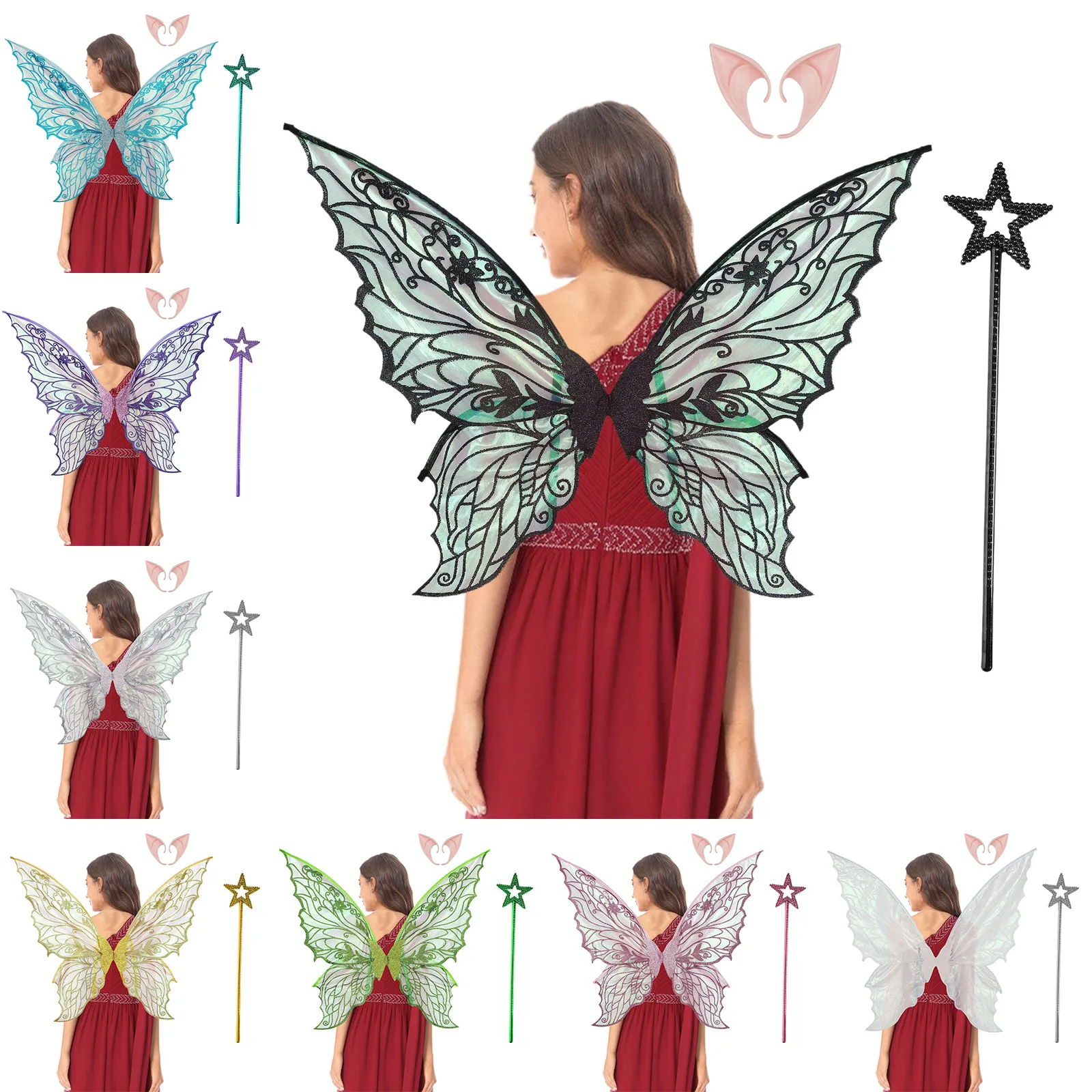 Costume Fee Adulte Femme Ailes De Fée Lumineuses à Led, Ailes De Papillon Avec Oreilles DElf Bandeau De Fee A Led Et Baguettes De Fee Etoile Ailes Amz B0 Deguisement Fee