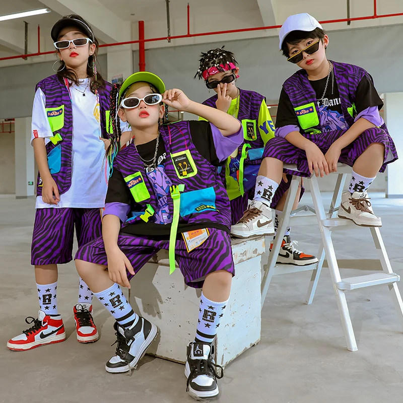 

Purple Zebra Vest Shorts for Kids Hip Hop Clothes Girls Jazz Dance Performance Costume Loose Kpop Outfits Teen Boys Streetwear