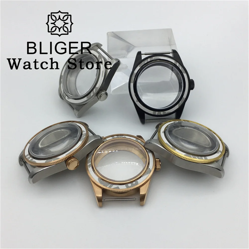 

BLIGER 39mm silver black rose gold sterile watch case domed sapphire glass fit NH35 NH36 NH34 ETA2824 PT5000 movement