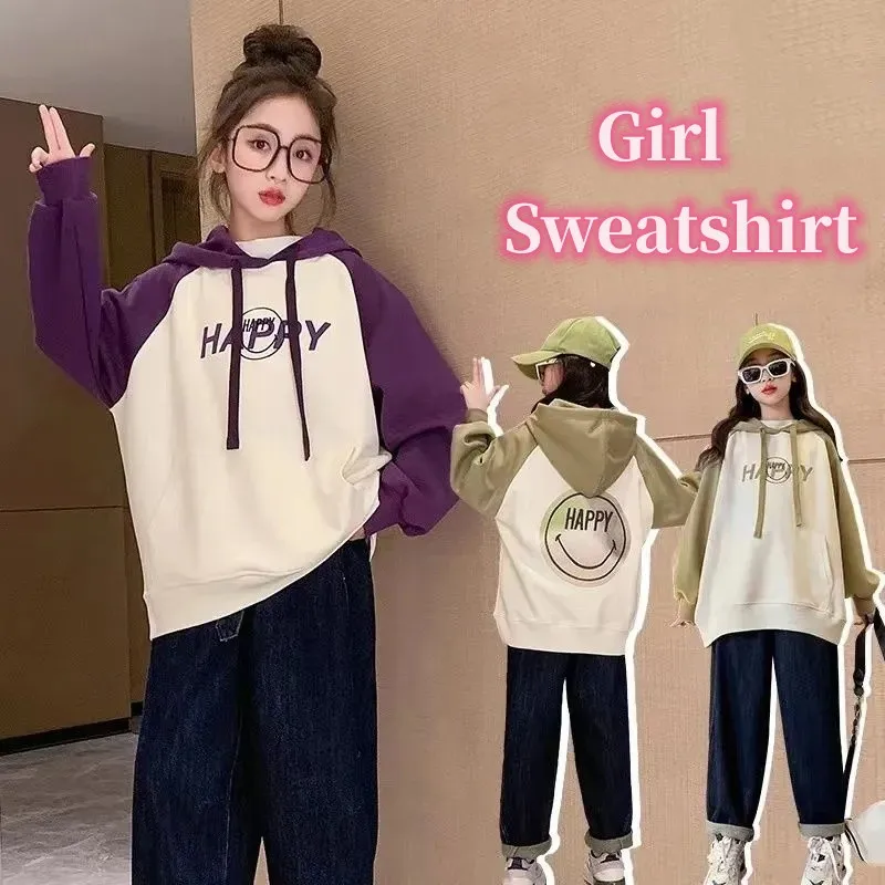

Весенне-осенняя хлопковая толстовка с контрастным алфавитом для девочек, свитшот с улыбкой, детское спортивное пальто, топы, Детская толстовка для тренировок